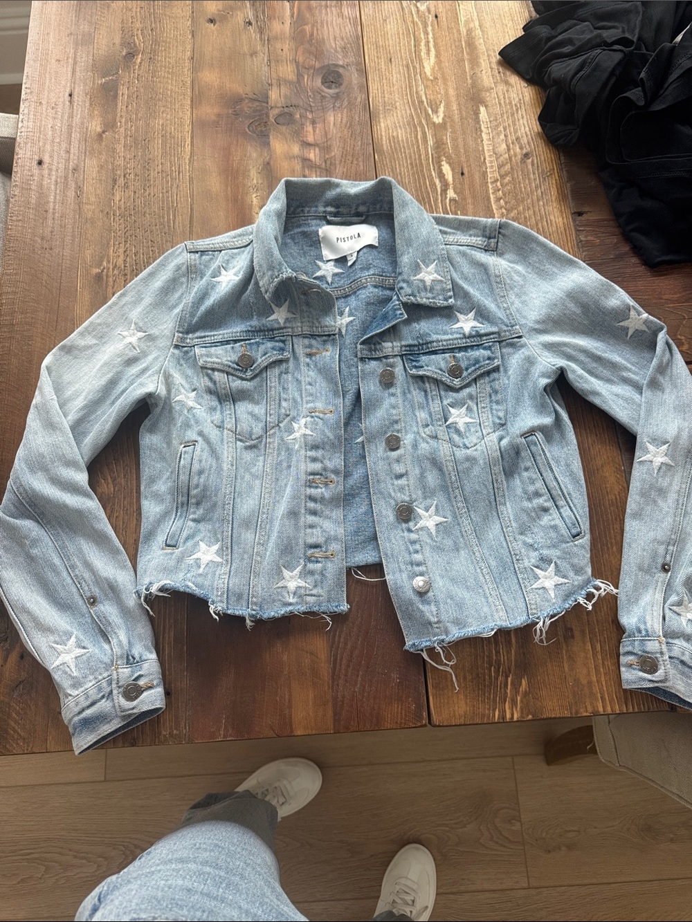 pistola Light Blue Star Embroidered Cropped Denim Jacket